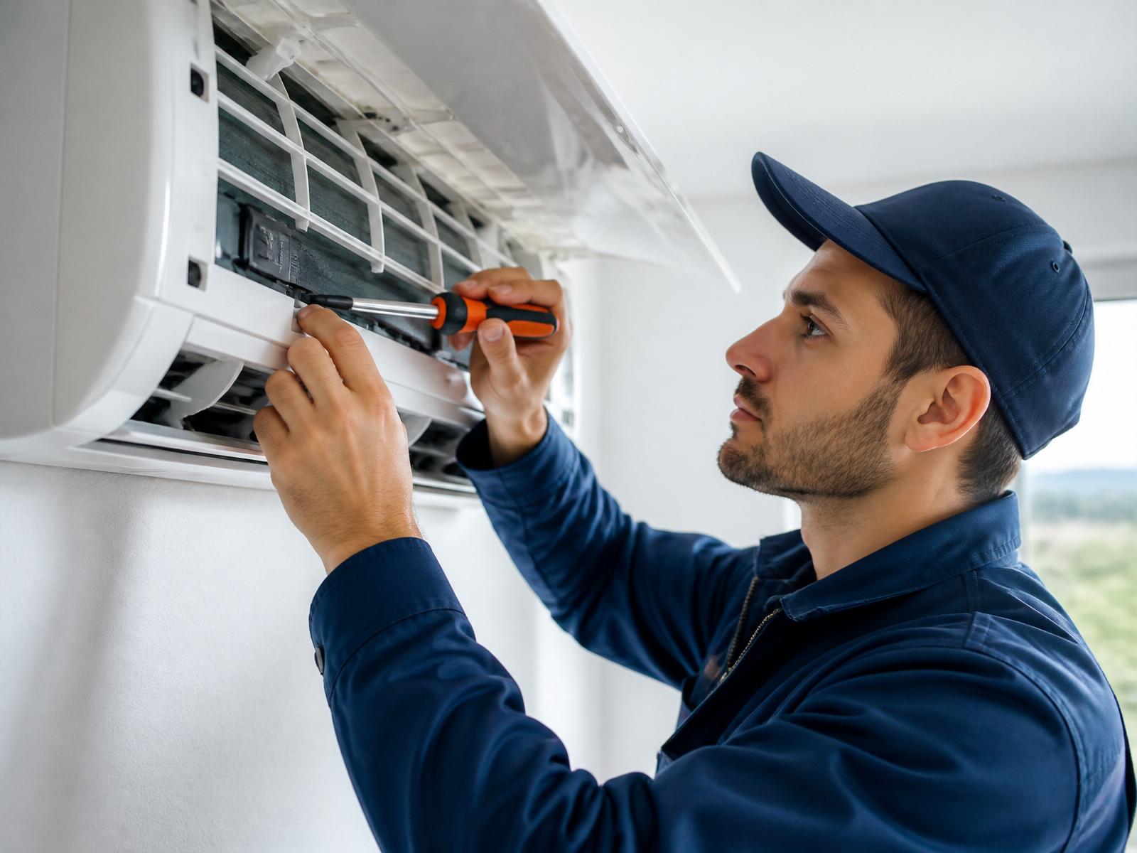 Técnico especializado realizando manutenção em ar-condicionado split